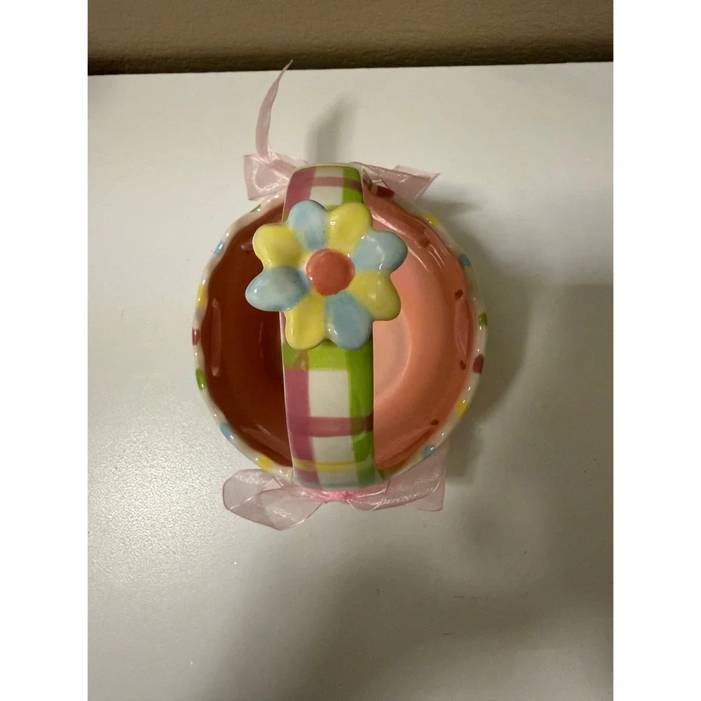 INT. Ceramic Easter Basket Pastel Plaid Pink Ribbon Flower Handle Spring Decor